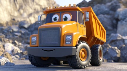 A cartoon dump truck with big eyes and a smile, standing in front of a pile of rocks.