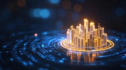 A glowing city emerging from a digital graph, representing the development of urban businesses and economic growth