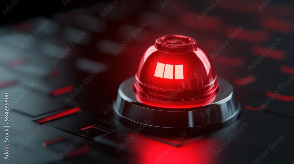 Wall mural a red alarm button with a glowing light, illuminated in a dark futuristic setting.