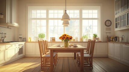 A warm open-plan kitchen and dining space with wood flooring and soft pendant lighting