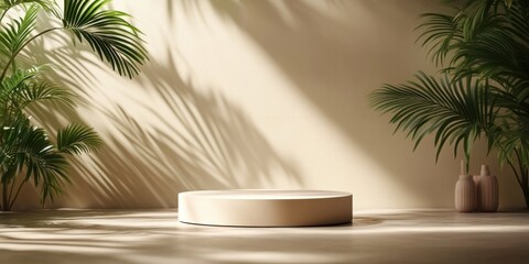 Obraz premium Beige pastel background for product presentation with shadow tropical palm leaves and light Podium stage pedestal platform for cosmetic product Empty square podium Mockup