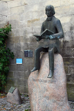 Kronach, Germany - September 15, 2024: Monument to Johann Kaspar Zeuss, a German historian and founder of Celtic philology. He demonstrated that the Celtic languages belong to the Indo-European group.