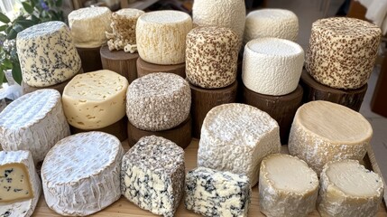 Assorted Cheese Varieties on Wooden Display