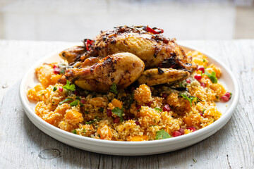 Roast chicken, couscous with butternut squash pomegranate and eggplant dip