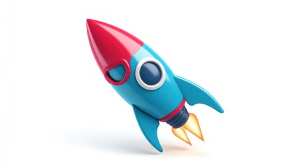 A cartoon-style rocket ship with red, blue and yellow coloring on a white background.