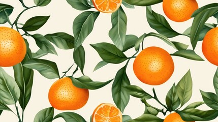 Seamless pattern featuring orange mandarin and green leaves