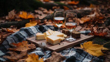 Cozy Autumn Picnic with Cheese and Wine in Nature