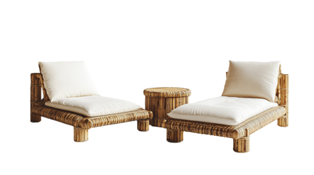 A set of wicker chairs and a table are arranged in a circle