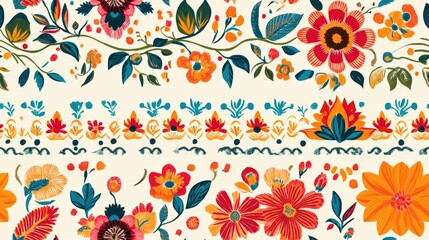 Obraz premium New Indian artwork featuring embroidered motifs bunch designs lace borders trendy handmade textiles and decorative ethnic flowers and leaves in vibrant colors