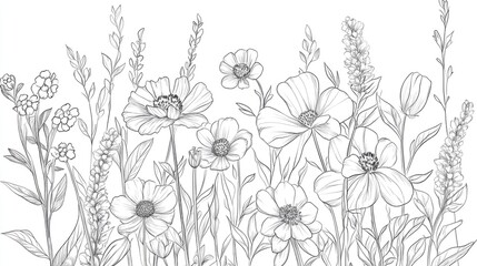 Line Drawing of Wildflowers Black and White Floral Arrangements Flower Coloring Sheet Floral Line Art Fine Line Illustration of Wildflowers Hand Drawn Flower Outlines Botanical Coloring Sheet