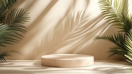 Obraz premium Beige pastel background for product presentation with shadow tropical palm leaves and light Podium stage pedestal platform for cosmetic product Empty square podium Mockup