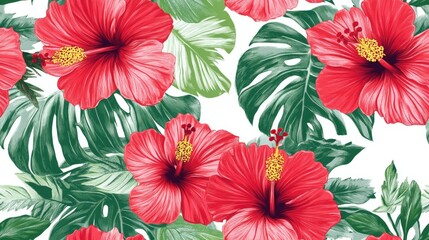 Hand drawn pattern featuring a tropical summertime motif suitable for fabric wrapping or textile design Raster seamless pattern of vibrant hibiscus flowers set against a white background depicting