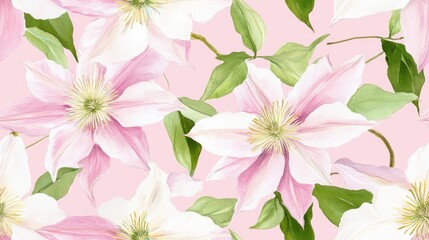 Seamless pattern featuring watercolor flowers of pink and white clematis on a pink background designed for fabric use Botanical illustration of flowers