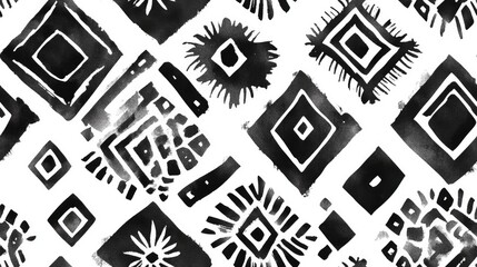 Fototapeta premium Seamless monochrome pattern featuring black and white ethnic elements with a watercolor effect suitable for textile prints fashion designs and packaging