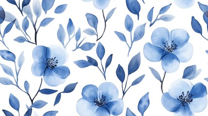 Obraz premium Seamless pattern featuring leaves and flowers Floral background design Watercolor illustration for fabric production Blue floral elements