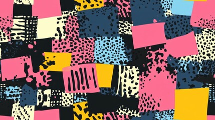 Fototapeta premium Seamless pattern featuring perforated squares Urban ruins Random patches Colorful chaos Fashionable camouflage