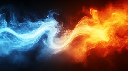 Fototapeta premium A vibrant display of blue and orange smoke swirling together against a dark background, representing the contrast of fire and ice.