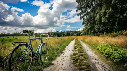 Obraz premium Bicycle Scenic Pathway Lush Greenery Vibrant Sky Serene Landscape Nature Adventure Relaxation Outdoor Journey | AI Generated