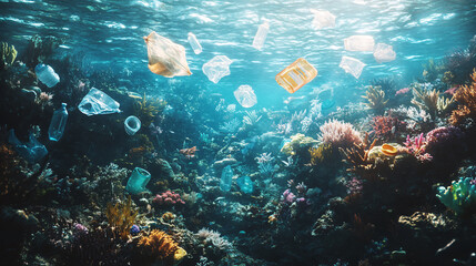 Fototapeta premium Plastic Pollution Threatens Coral Reefs