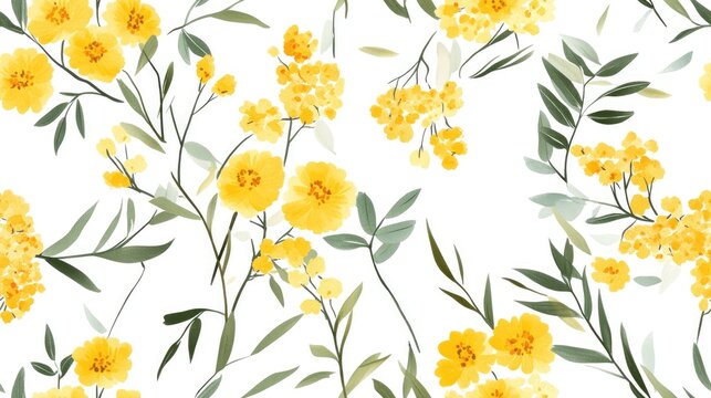 Seamless pattern featuring Mimoza on a white background