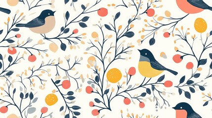 Seamless floral pattern featuring birds with ellipses branches and leaves hand drawn style
