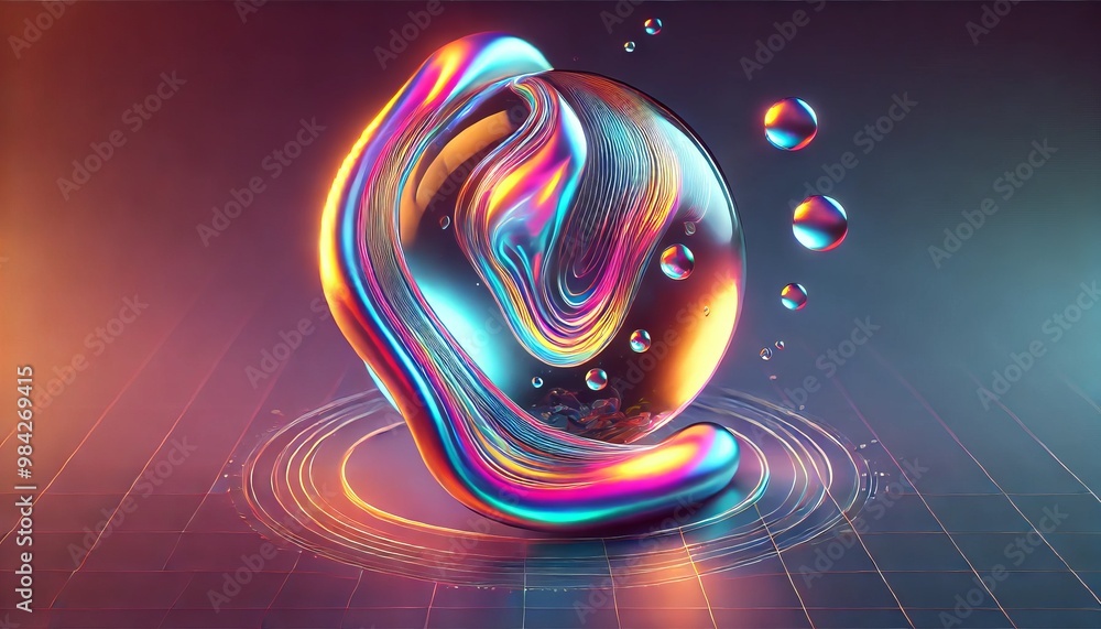 Poster 3d abstract composition featuring a glowing liquid sphere and flowing colorful ribbons, creating a f