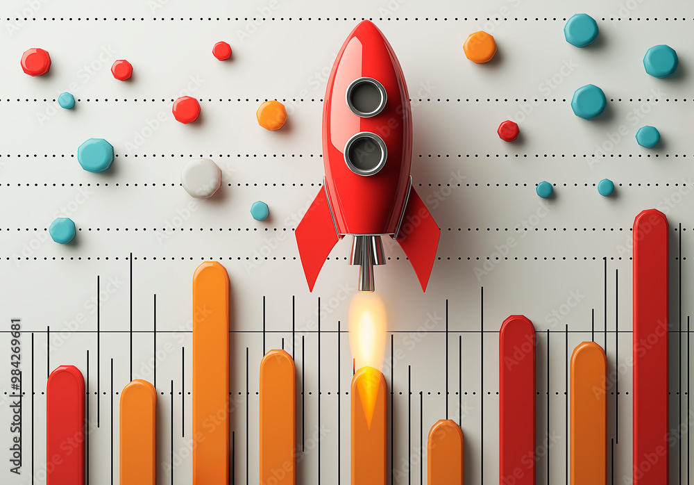 Poster creative concept of a rocket launching over a bar graph background symbolizing startup growth and su