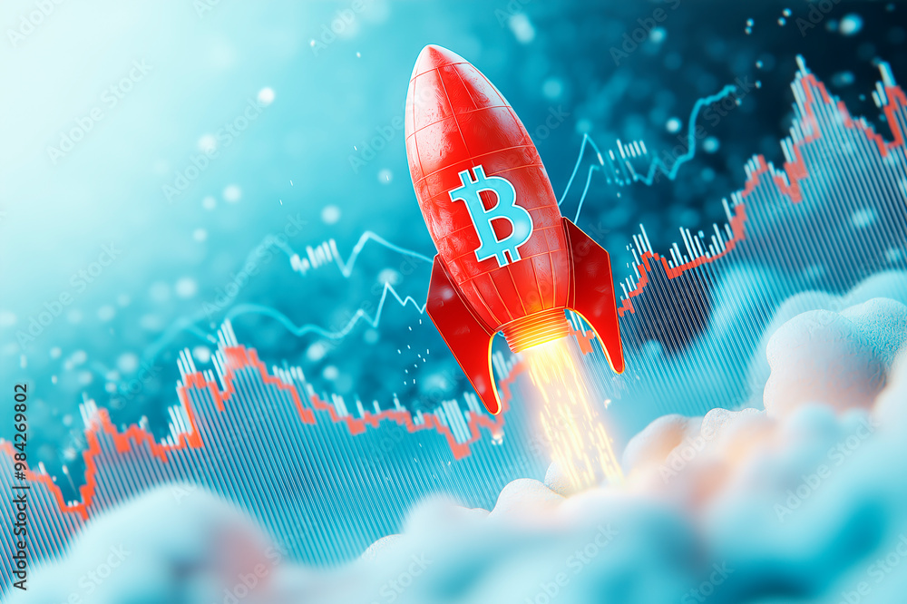 Aufkleber red rocket with bitcoin symbol launching against a backdrop of financial chart.