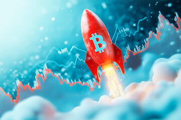 Red rocket with Bitcoin symbol launching against a backdrop of financial chart.