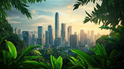 A panoramic view of a modern city skyline framed by lush green foliage, with the sun rising over the cityscape.
