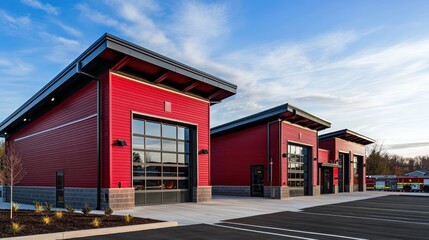 A fire station with bold, red James Hardie siding, designed to be both striking and functional, representing safety and durability in community infrastructure