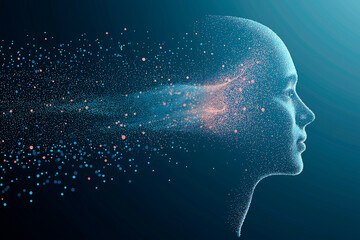 Obraz premium Abstract Digital Human Head Composed of Particles on a Dark Background.