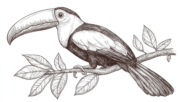 recommend clip art: Line art illustration featuring a toucan resting on a branch