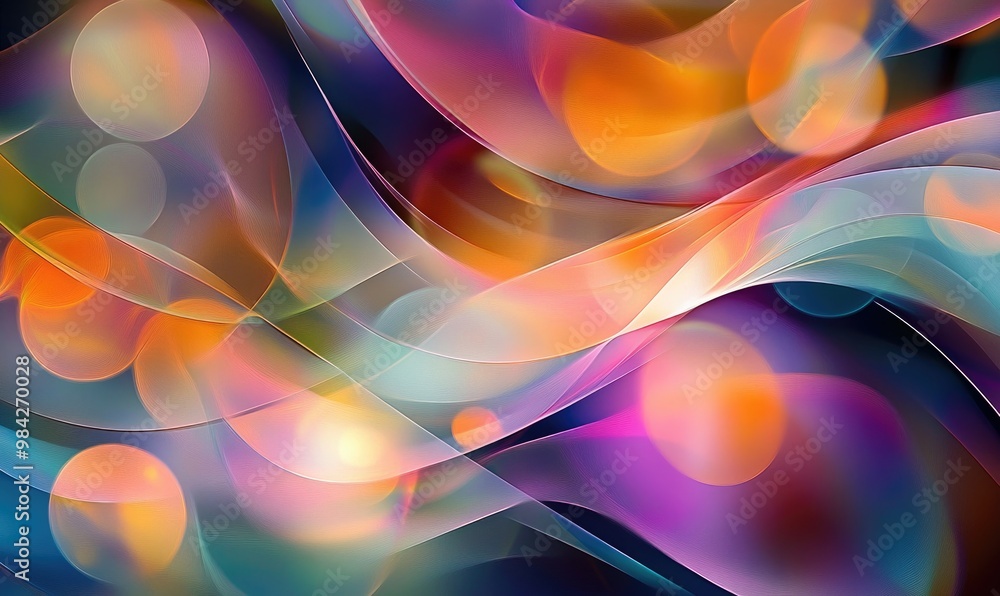 Poster abstract illustration featuring multicolored circles and blurred light with curved lines providing a