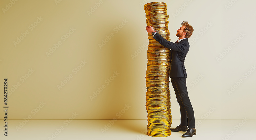 Poster businessman hugging a tower of coins in a minimalist room.
