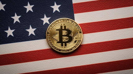 Bitcoin on American Flag Representing Cryptocurrency in the USA Economy and Digital Finance  
