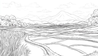 Line art illustration of a rice field landscape