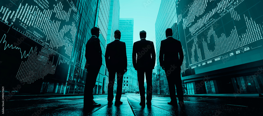 Poster silhouetted business team in front of digital financial data in cityscape.