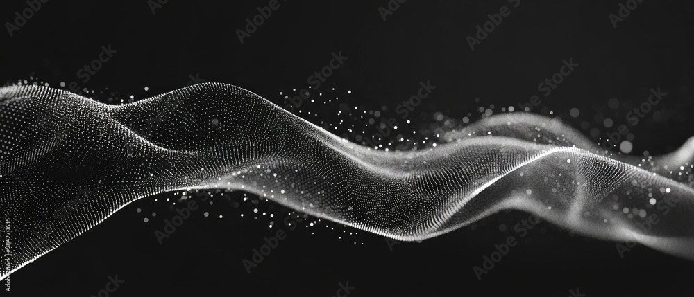 Poster line art illustration depicting a wave of digital particles on a dark background abstract intertwini