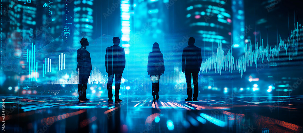 Poster Silhouettes of people standing in front of digital charts and graphs, representing data analysis and technology. Ai generative.