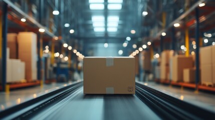 A cardboard box moves along a conveyor belt in a warehouse, with rows of shelves and lighting in the background.