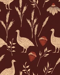 Seamless pattern with birds, wheat, leaves, and flowers on a burgundy background.