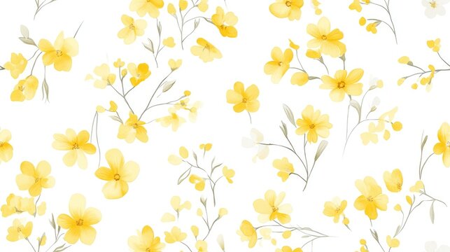 Seamless pattern featuring delicate small yellow flowers on a white background ideal for spring and summer floral designs in textiles and greeting cards