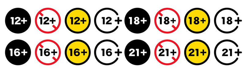 Age limit icons set. 12, 16, 18, 21 years old age limits isolated on white background. Under and over 18 not sign. Age warning numbers in circle. Vector illustration.
