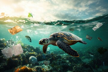 Obraz premium Sea Turtle Amid Ocean Pollution