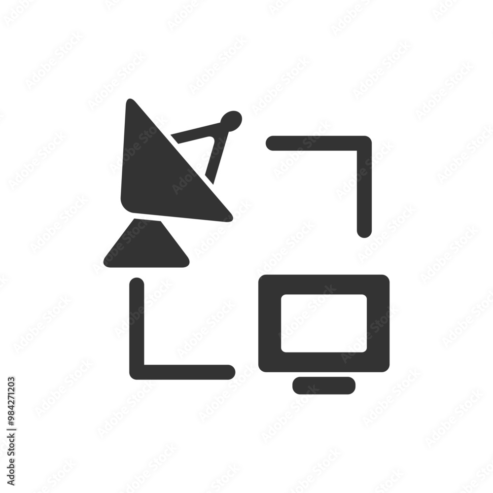 Poster satellite antenna and computer network icon. black and white icon depicting a satellite antenna and 