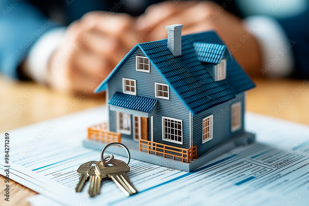 Poster small blue house model with keys on a document.