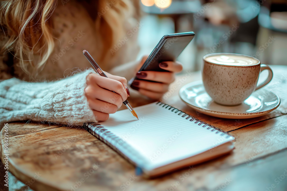 Poster cozy cafe scene with person using smartphone and writing notes, coffee on table.