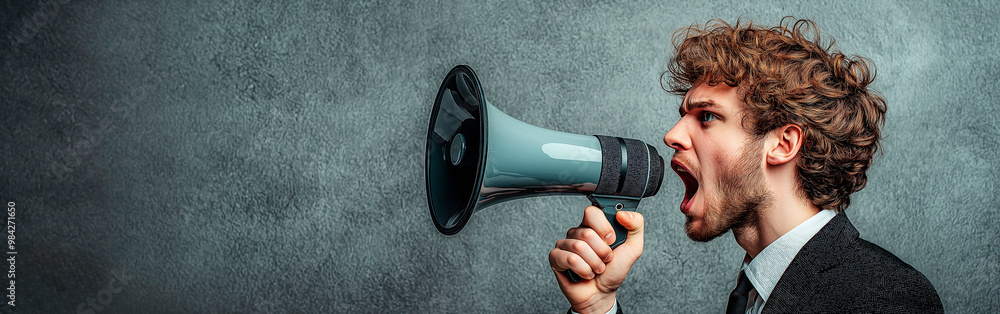 Poster Man shouting into a megaphone against a textured gray background. Ai generative.
