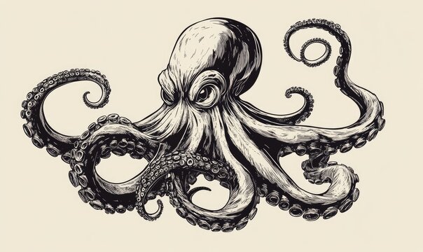 recommend clip art: Cartoon illustration of a monstrous octopus in a line art style